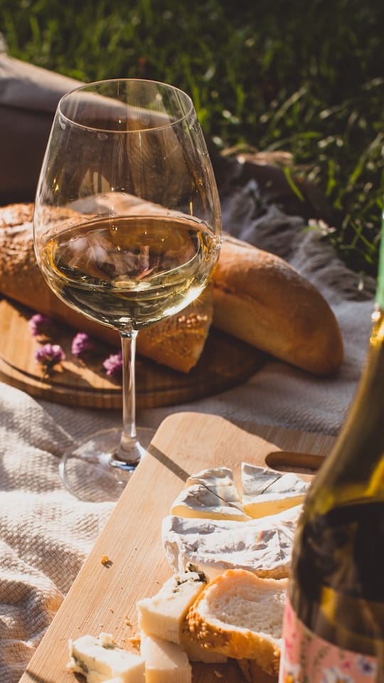 picknickkleed op het gras met stokbrood en een glas witte wijn
