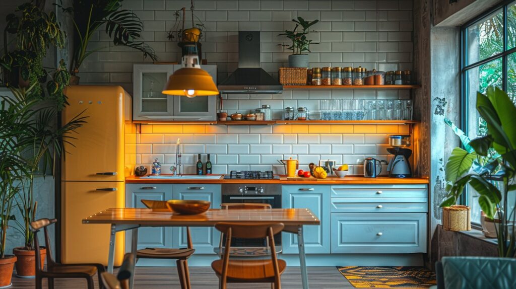 Retro keuken, blauw met gele accenten
