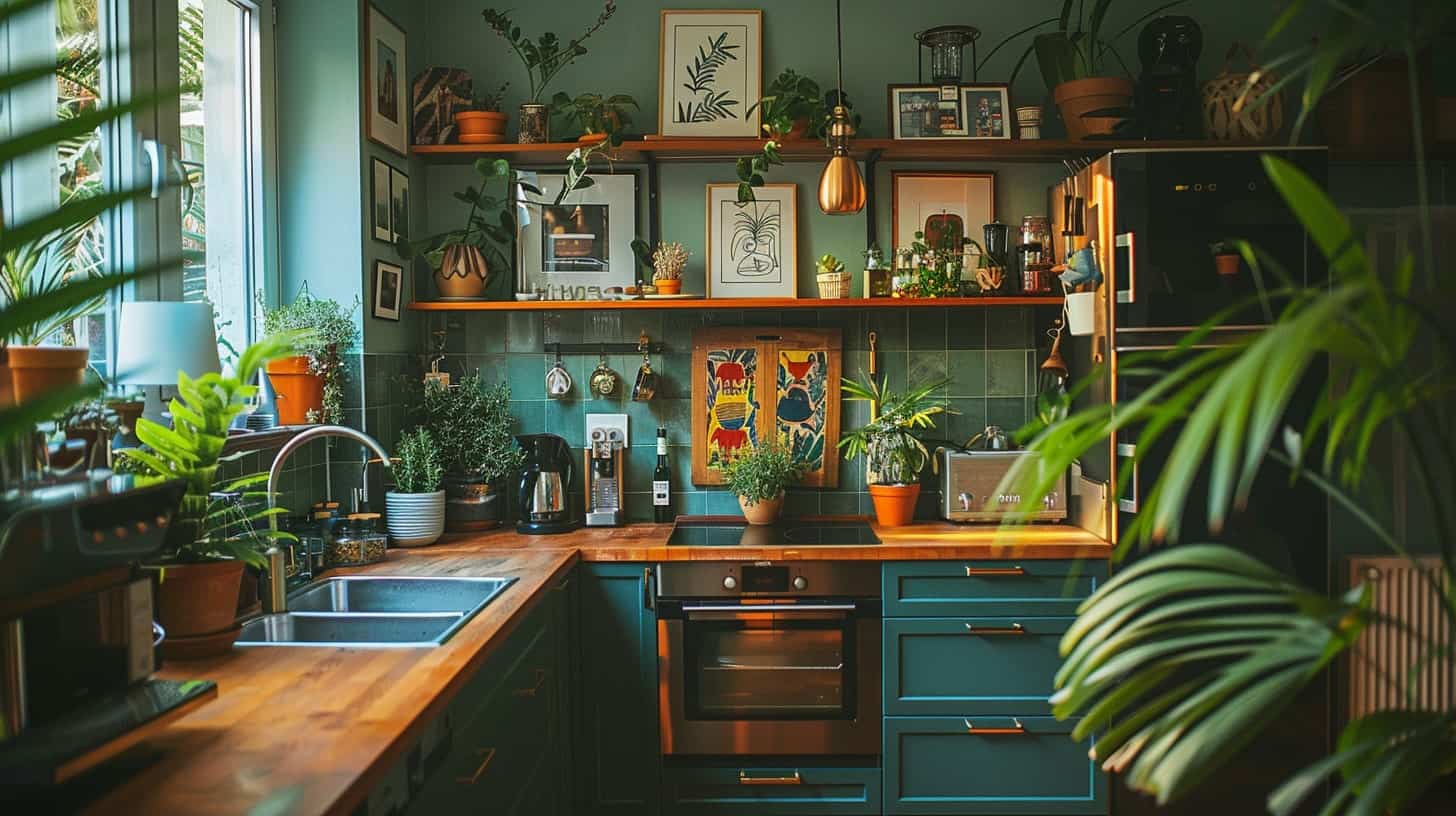 Gezellige, warme keuken met planten en blauwe keukenkastjes